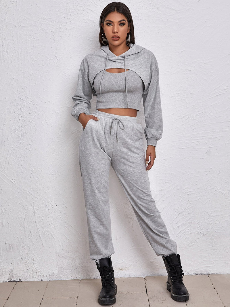 Ultra Short Drawstring Hoodie With Vest And Jogging Pants Set - Pants Sets - INS | Online Fashion Free Shipping Clothing, Dresses, Tops, Shoes - 13/05/2021 - 130521 - Category_Pants Sets