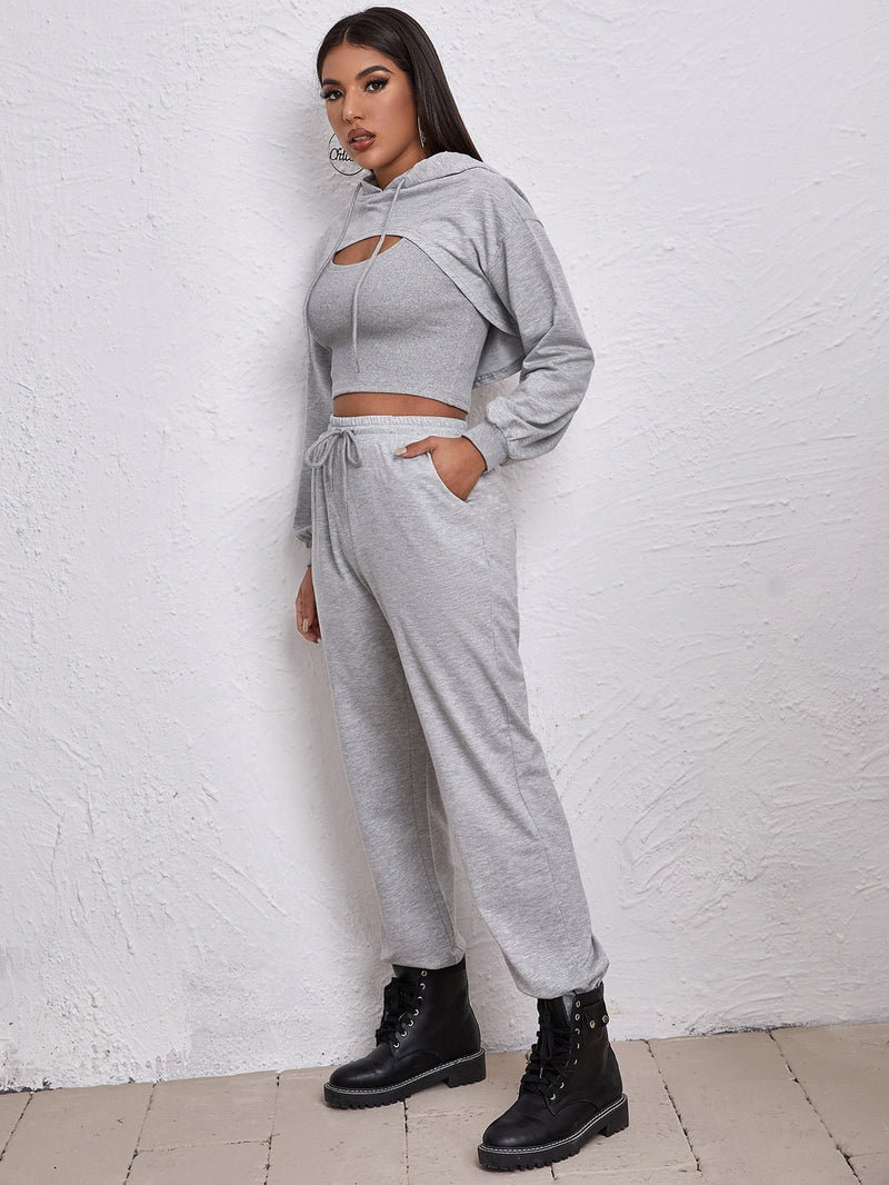 Ultra Short Drawstring Hoodie With Vest And Jogging Pants Set - Pants Sets - INS | Online Fashion Free Shipping Clothing, Dresses, Tops, Shoes - 13/05/2021 - 130521 - Category_Pants Sets