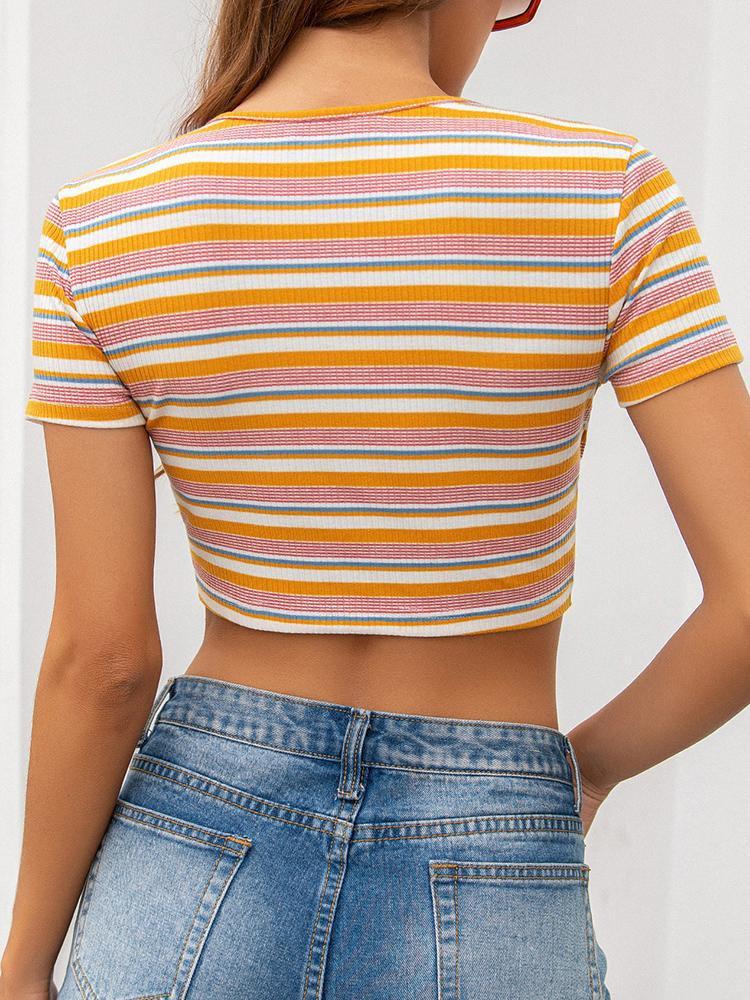 Ultra Short Umbilical Cross Neckline Striped Blouse - Blouses - INS | Online Fashion Free Shipping Clothing, Dresses, Tops, Shoes - 16/04/2021 - BLO210416211 - Blouses