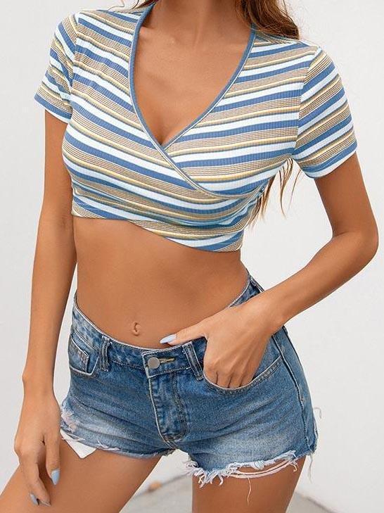 Ultra Short Umbilical Cross Neckline Striped Blouse - Blouses - INS | Online Fashion Free Shipping Clothing, Dresses, Tops, Shoes - 16/04/2021 - BLO210416211 - Blouses