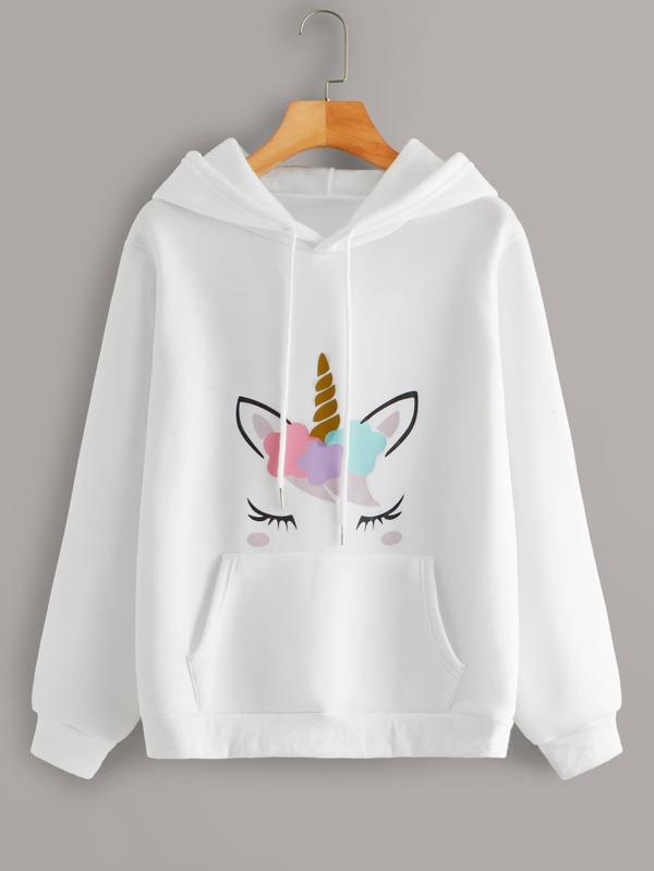 Unicorn Print Kangaroo Pocket Drawstring Hoodie - INS | Online Fashion Free Shipping Clothing, Dresses, Tops, Shoes