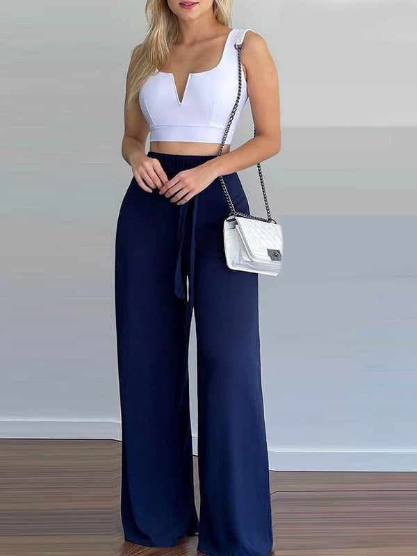 V-Cut Crop Top & Wide Leg Pants Set With Belt - Two-piece Outfits - INS | Online Fashion Free Shipping Clothing, Dresses, Tops, Shoes - 05/05/2021 - Color_White - SET210505034