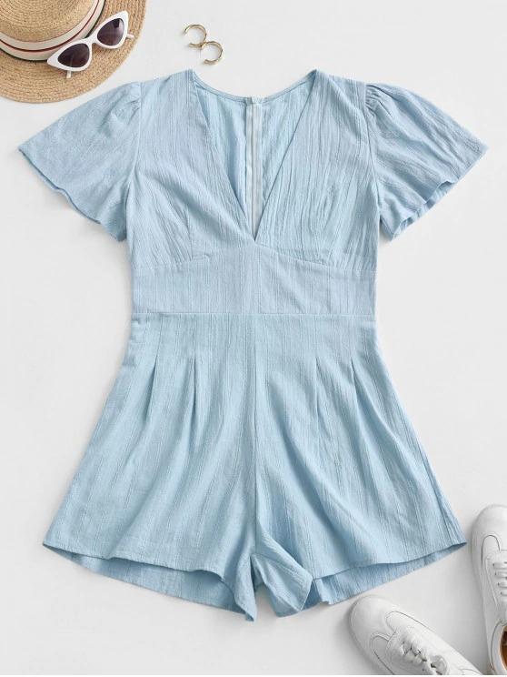 V Neck Back Zipper Shadow Stripes Romper - INS | Online Fashion Free Shipping Clothing, Dresses, Tops, Shoes