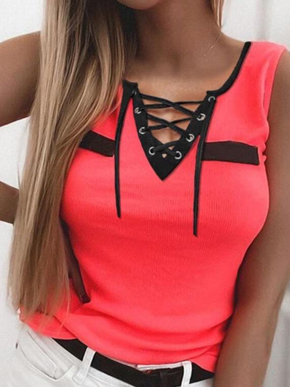 V-Neck Bandage Slim Patch Striped Top Vest - Tanks - INS | Online Fashion Free Shipping Clothing, Dresses, Tops, Shoes - 31/05/2021 - Category_Tanks - Category_Tops