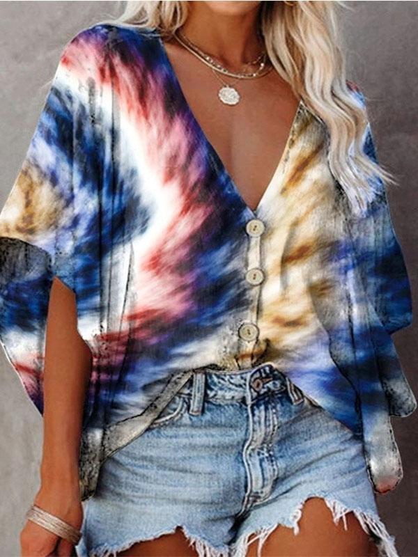 V-Neck Bat Sleeve Button Print Blouses - Blouses - INS | Online Fashion Free Shipping Clothing, Dresses, Tops, Shoes - 10-20 - 17/07/2021 - BLO2107171198