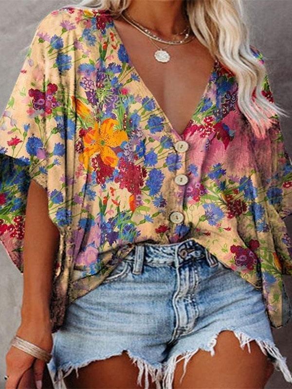 V-Neck Bat Sleeve Button Print Blouses - Blouses - INS | Online Fashion Free Shipping Clothing, Dresses, Tops, Shoes - 10-20 - 17/07/2021 - BLO2107171198