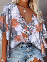 V-Neck Bat Sleeve Button Print Blouses - Blouses - INS | Online Fashion Free Shipping Clothing, Dresses, Tops, Shoes - 10-20 - 17/07/2021 - BLO2107171198