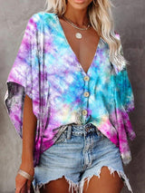 V-neck Bat Sleeve Tie Dye Print Blouse - Blouses - INS | Online Fashion Free Shipping Clothing, Dresses, Tops, Shoes - 13/07/2021 - 20-30 - BLO2107131188