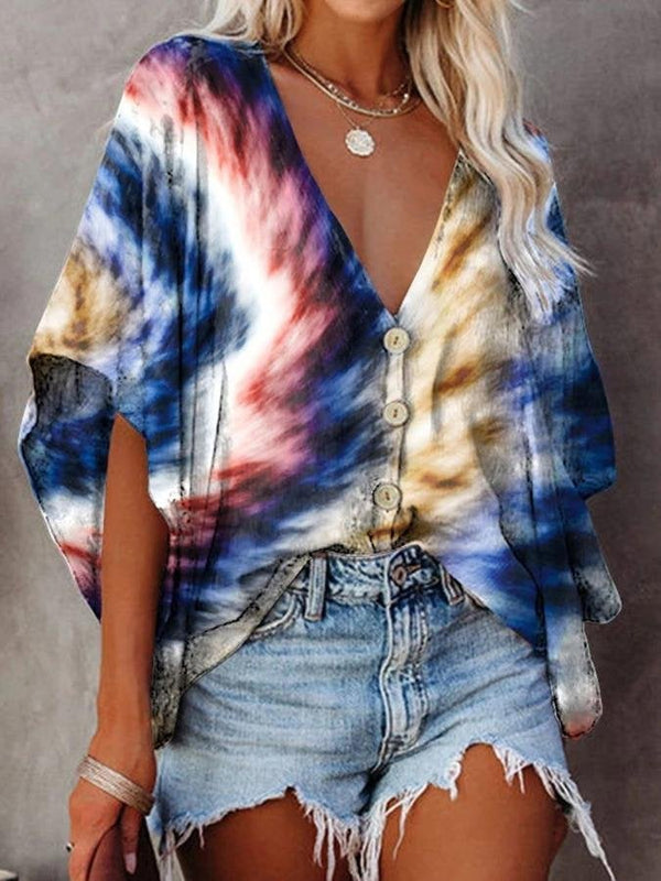 V-neck Bat Sleeve Tie Dye Print Blouse - Blouses - INS | Online Fashion Free Shipping Clothing, Dresses, Tops, Shoes - 13/07/2021 - 20-30 - BLO2107131188