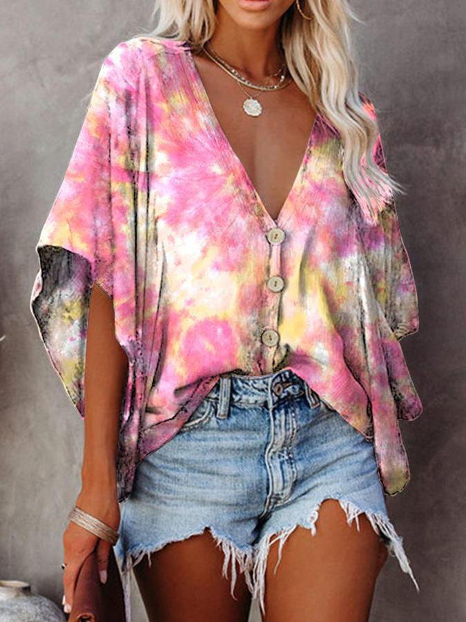 V-neck Bat Sleeve Tie Dye Print Blouse - Blouses - INS | Online Fashion Free Shipping Clothing, Dresses, Tops, Shoes - 13/07/2021 - 20-30 - BLO2107131188