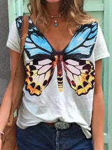 V-neck Butterfly Print Casual T-shirt - T-shirts - INS | Online Fashion Free Shipping Clothing, Dresses, Tops, Shoes - 10-20 - 22/06/2021 - color-black