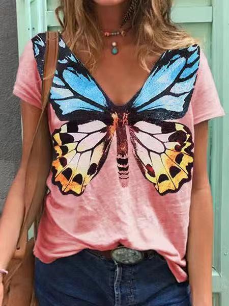 V-neck Butterfly Print Casual T-shirt - T-shirts - INS | Online Fashion Free Shipping Clothing, Dresses, Tops, Shoes - 10-20 - 22/06/2021 - color-black