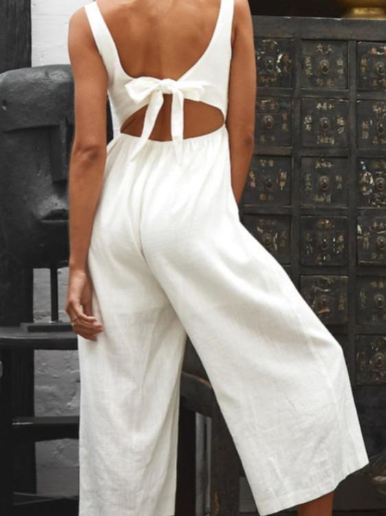 V-Neck Button Bare Back Wide-Leg Jumpsuit - Jumpsuits & Rompers - INS | Online Fashion Free Shipping Clothing, Dresses, Tops, Shoes - 20-30 - 20/07/2021 - Bottom