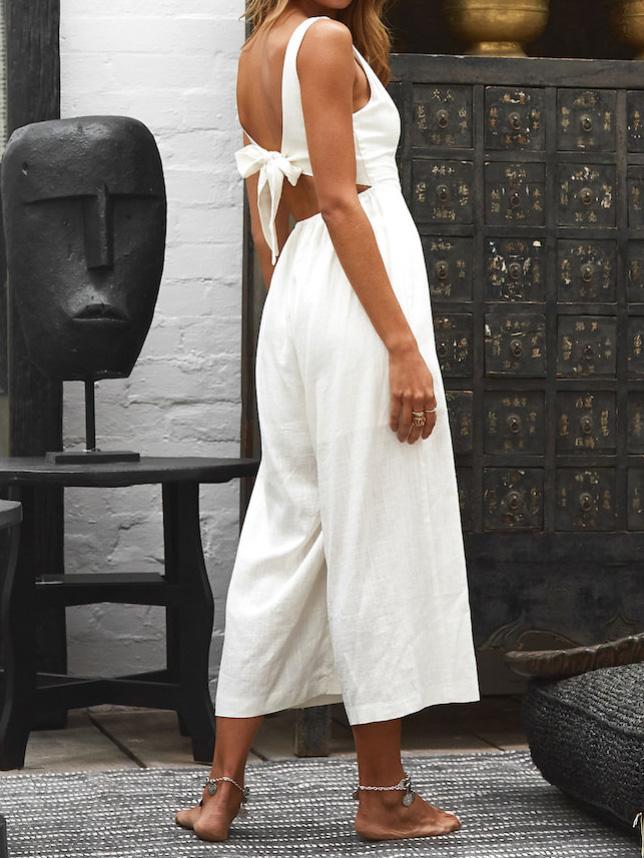 V-Neck Button Bare Back Wide-Leg Jumpsuit - Jumpsuits & Rompers - INS | Online Fashion Free Shipping Clothing, Dresses, Tops, Shoes - 20-30 - 20/07/2021 - Bottom