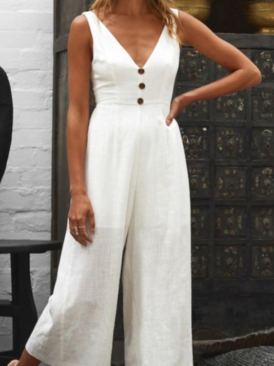 V-Neck Button Bare Back Wide-Leg Jumpsuit - Jumpsuits & Rompers - INS | Online Fashion Free Shipping Clothing, Dresses, Tops, Shoes - 20-30 - 20/07/2021 - Bottom