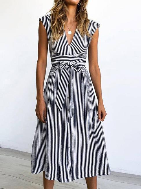 V-neck Button Printed Striped Short-sleeved Dress - Midi Dresses - INS | Online Fashion Free Shipping Clothing, Dresses, Tops, Shoes - 01/06/2021 - Color_Black - Color_Blue