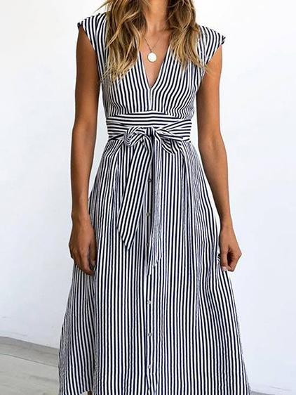 V-neck Button Printed Striped Short-sleeved Dress - Midi Dresses - INS | Online Fashion Free Shipping Clothing, Dresses, Tops, Shoes - 01/06/2021 - Color_Black - Color_Blue