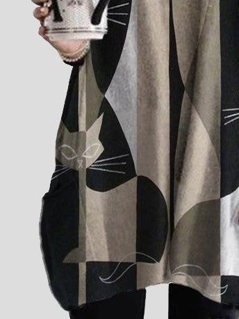 V-neck Cat Print Mid-length Top - T-shirts - INS | Online Fashion Free Shipping Clothing, Dresses, Tops, Shoes - 06/07/2021 - 20-30 - color-gray