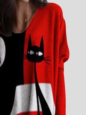 V-neck Cat Print Mid-length Top - T-shirts - INS | Online Fashion Free Shipping Clothing, Dresses, Tops, Shoes - 06/07/2021 - 20-30 - color-gray