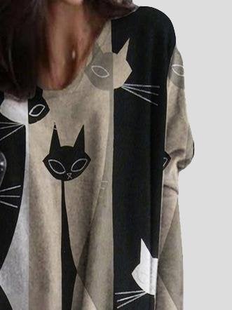 V-neck Cat Print Mid-length Top - T-shirts - INS | Online Fashion Free Shipping Clothing, Dresses, Tops, Shoes - 06/07/2021 - 20-30 - color-gray