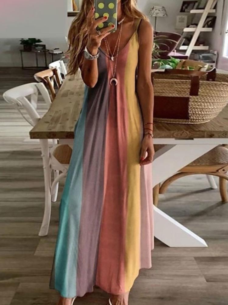 V-Neck Colorblock Casual Maxi Dress - Maxi Dresses - INS | Online Fashion Free Shipping Clothing, Dresses, Tops, Shoes - 28/04/2021 - Category_Maxi Dresses - Color_Orange