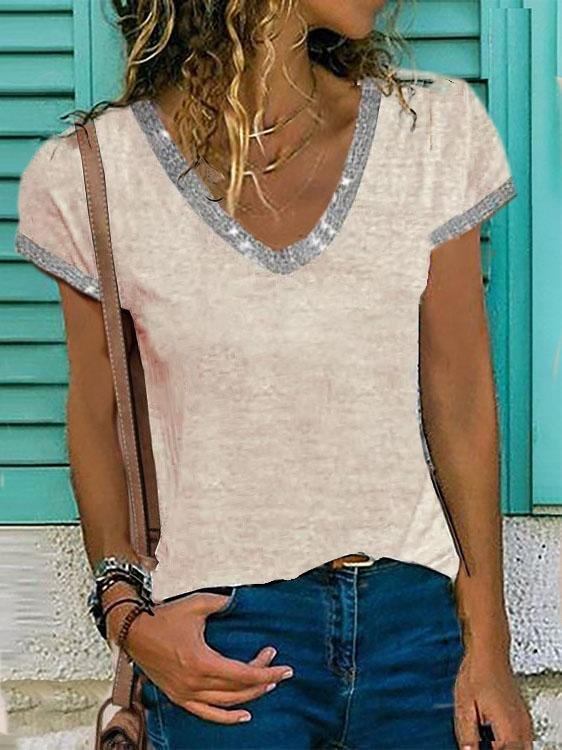 V-neck Contrast Short Sleeve T-shirt - T-Shirts - INS | Online Fashion Free Shipping Clothing, Dresses, Tops, Shoes - 05/06/2021 - Category_T-Shirts - Color_Apricot