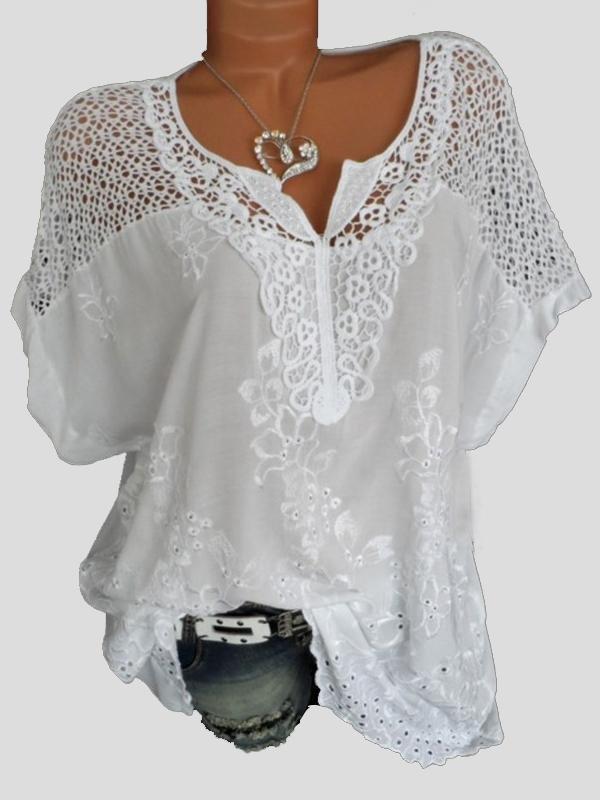 V-neck Embroidered Short-sleeved Bat Shirt - Blouses - INS | Online Fashion Free Shipping Clothing, Dresses, Tops, Shoes - 20-30 - 20/07/2021 - BLO2107201206