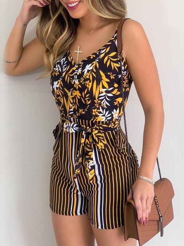 V-neck Fashion Leaf Print Tie Suspender Jumpsuit - Jumpsuits & Rompers - INS | Online Fashion Free Shipping Clothing, Dresses, Tops, Shoes - 15/07/2021 - 20-30 - Bottoms