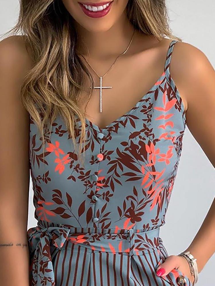 V-neck Fashion Leaf Print Tie Suspender Jumpsuit - Jumpsuits & Rompers - INS | Online Fashion Free Shipping Clothing, Dresses, Tops, Shoes - 15/07/2021 - 20-30 - Bottoms