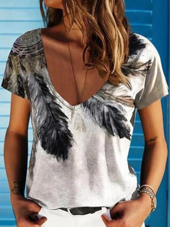 V-neck Feather Print Short-sleeved T-shirt - T-shirts - INS | Online Fashion Free Shipping Clothing, Dresses, Tops, Shoes - 09/06/2021 - Color_White - LXQ