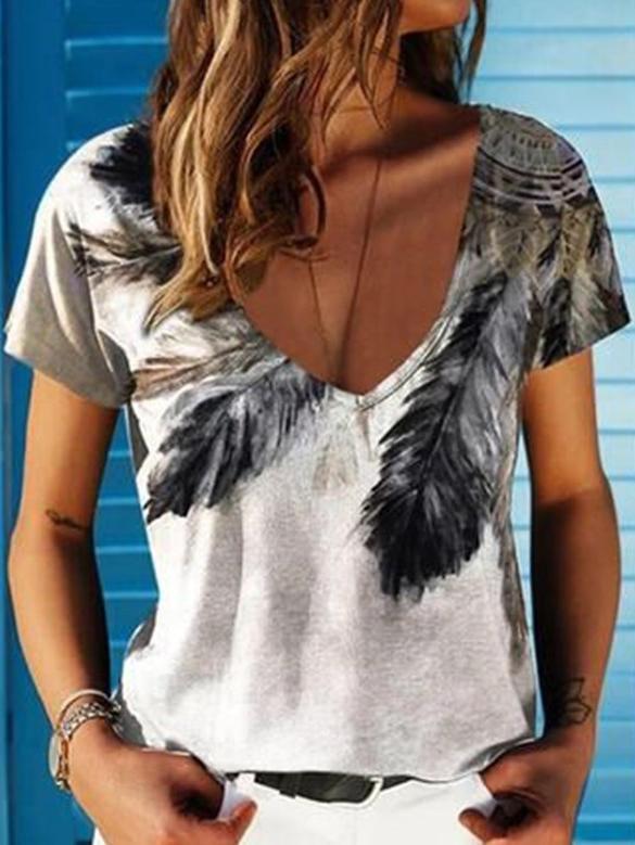 V-neck Feather Print Short-sleeved T-shirt - T-shirts - INS | Online Fashion Free Shipping Clothing, Dresses, Tops, Shoes - 09/06/2021 - Color_White - LXQ