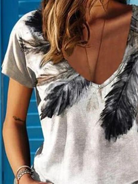 V-neck Feather Print Short-sleeved T-shirt - T-shirts - INS | Online Fashion Free Shipping Clothing, Dresses, Tops, Shoes - 09/06/2021 - Color_White - LXQ