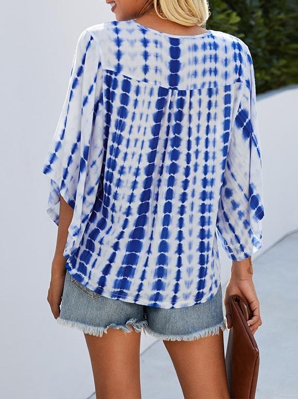 V-neck Five-point Sleeve Tie Dye Printed Loose Blouse - Blouses - INS | Online Fashion Free Shipping Clothing, Dresses, Tops, Shoes - 20-30 - 22/07/2021 - BLO2107221248