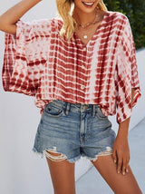 V-neck Five-point Sleeve Tie Dye Printed Loose Blouse - Blouses - INS | Online Fashion Free Shipping Clothing, Dresses, Tops, Shoes - 20-30 - 22/07/2021 - BLO2107221248