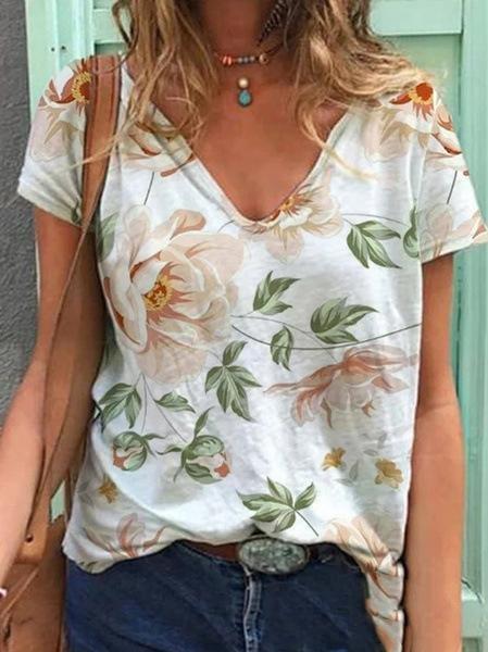 V-neck Floral Print Short Sleeve T-shirt - T-shirts - INS | Online Fashion Free Shipping Clothing, Dresses, Tops, Shoes - 10-20 - 22/06/2021 - color-white