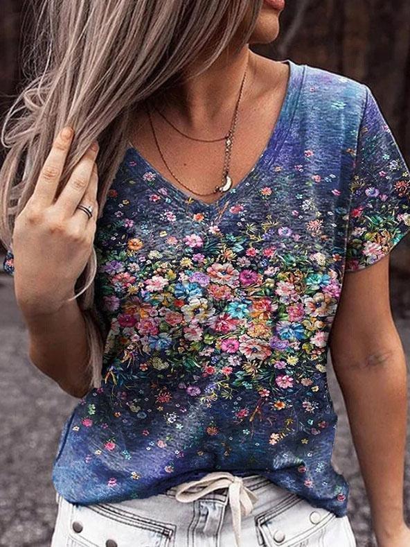 V-neck Floral Print Short-sleeved Casual T-shirt - T-shirts - INS | Online Fashion Free Shipping Clothing, Dresses, Tops, Shoes - 04/06/2021 - Color_Blue - Season_Summer