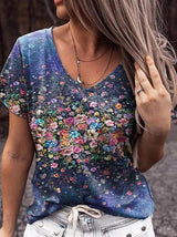 V-neck Floral Print Short-sleeved Casual T-shirt - T-shirts - INS | Online Fashion Free Shipping Clothing, Dresses, Tops, Shoes - 04/06/2021 - Color_Blue - Season_Summer