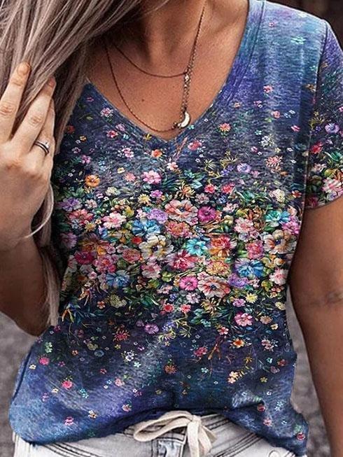 V-neck Floral Print Short-sleeved Casual T-shirt - T-shirts - INS | Online Fashion Free Shipping Clothing, Dresses, Tops, Shoes - 04/06/2021 - Color_Blue - Season_Summer