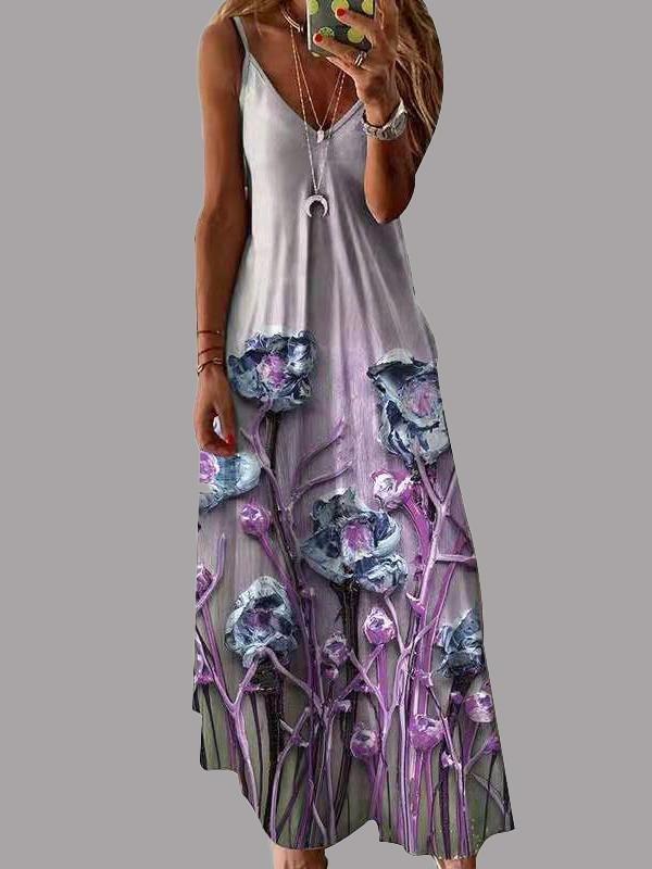 V-neck Floral Print Suspender Dress - Maxi Dresses - INS | Online Fashion Free Shipping Clothing, Dresses, Tops, Shoes - 10/06/2021 - Color_Green - Color_Purple