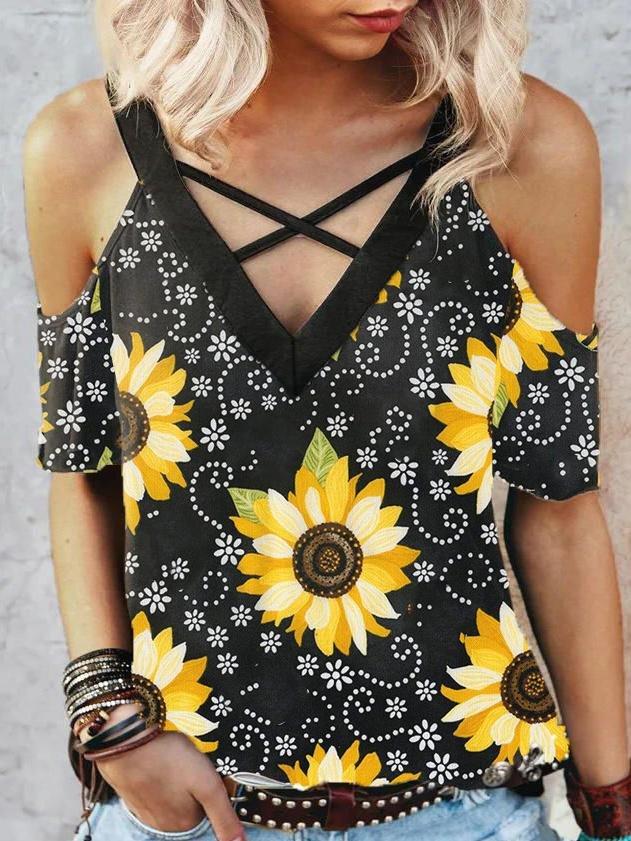 V-neck Floral Print Suspender T-shirt - T-shirts - INS | Online Fashion Free Shipping Clothing, Dresses, Tops, Shoes - 10-20 - 19/06/2021 - color-yellow
