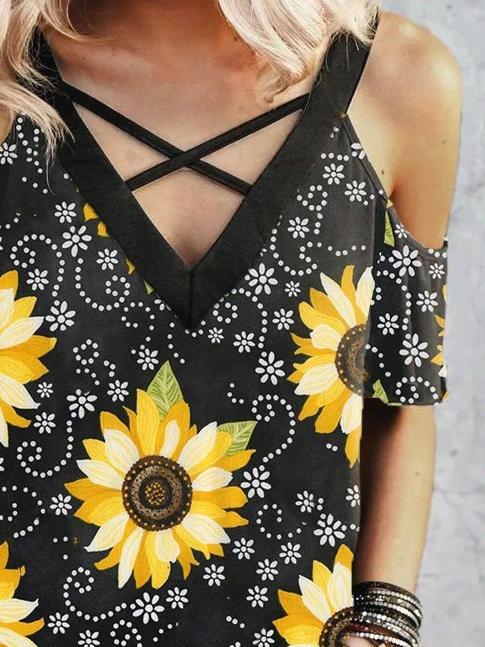 V-neck Floral Print Suspender T-shirt - T-shirts - INS | Online Fashion Free Shipping Clothing, Dresses, Tops, Shoes - 10-20 - 19/06/2021 - color-yellow