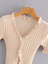 V-neck Frill Trim Ribbed Knit Cardigan - INS | Online Fashion Free Shipping Clothing, Dresses, Tops, Shoes