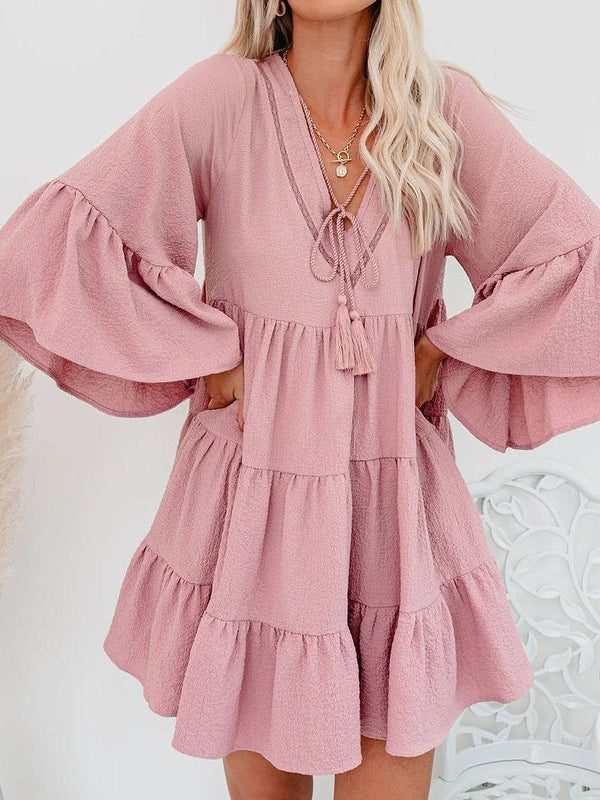 V-Neck Fringe Ruffled Mini Dress - Mini Dresses - INS | Online Fashion Free Shipping Clothing, Dresses, Tops, Shoes - 20-30 - 22/07/2021 - Category_Mini Dresses