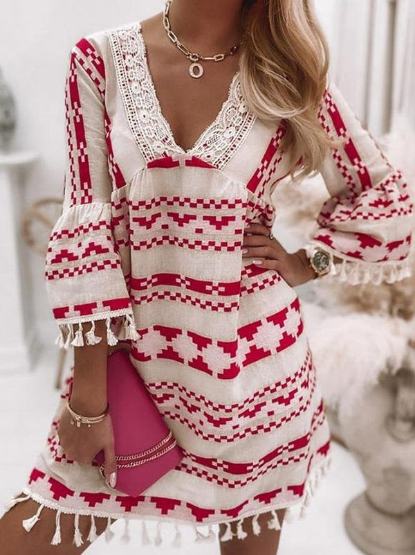 V-neck Geometric Print Flared Sleeve Dress - Mini Dresses - INS | Online Fashion Free Shipping Clothing, Dresses, Tops, Shoes - 20-30 - 29/06/2021 - color-red