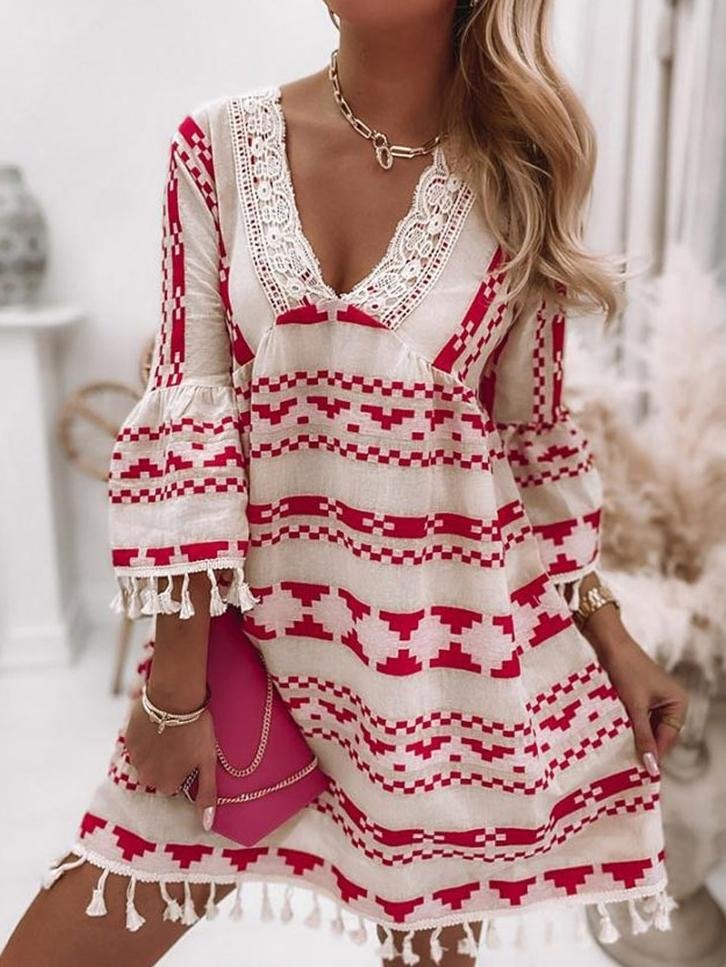 V-neck Geometric Print Flared Sleeve Dress - Mini Dresses - INS | Online Fashion Free Shipping Clothing, Dresses, Tops, Shoes - 20-30 - 29/06/2021 - color-red