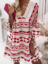 V-neck Geometric Print Flared Sleeve Dress - Mini Dresses - INS | Online Fashion Free Shipping Clothing, Dresses, Tops, Shoes - 20-30 - 29/06/2021 - color-red