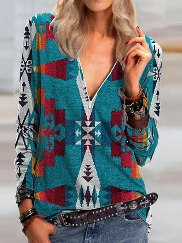 V-neck Geometric Print Zipper Long Sleeve T-shirt - T-Shirts - INS | Online Fashion Free Shipping Clothing, Dresses, Tops, Shoes - 08/06/2021 - Category_T-Shirts - Color_Black