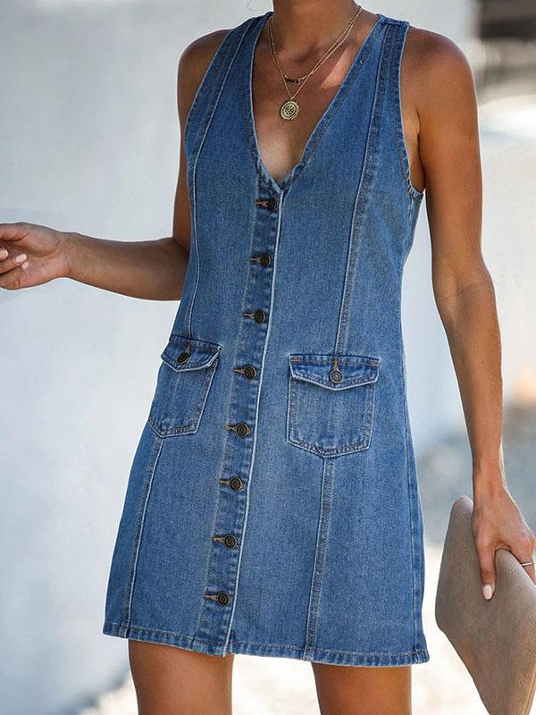 V-neck Halter Strap Denim Vest Dress - Mini Dresses - INS | Online Fashion Free Shipping Clothing, Dresses, Tops, Shoes - 02/06/2021 - Category_Mini Dresses - Color_Blue