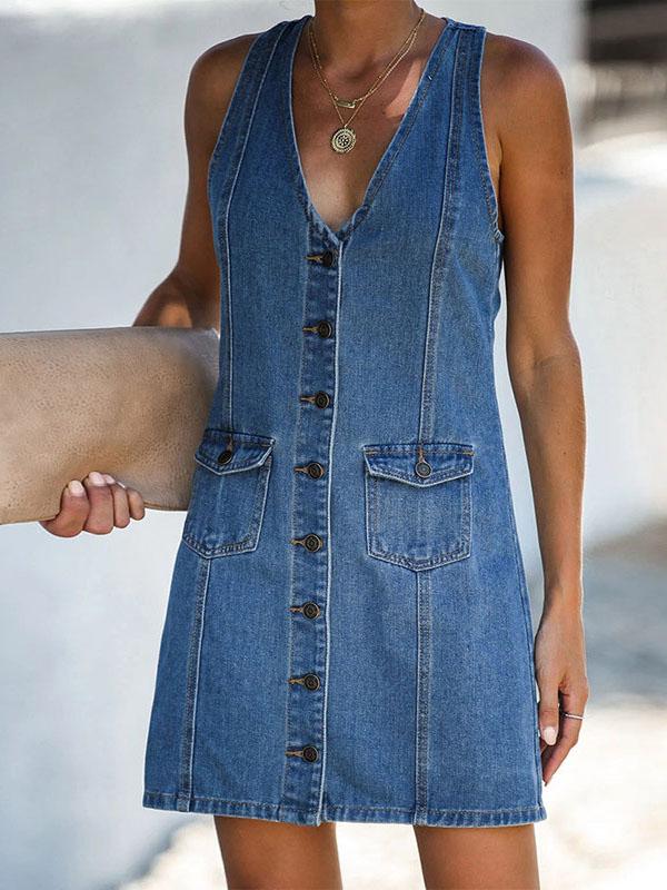 V-neck Halter Strap Denim Vest Dress - Mini Dresses - INS | Online Fashion Free Shipping Clothing, Dresses, Tops, Shoes - 02/06/2021 - Category_Mini Dresses - Color_Blue