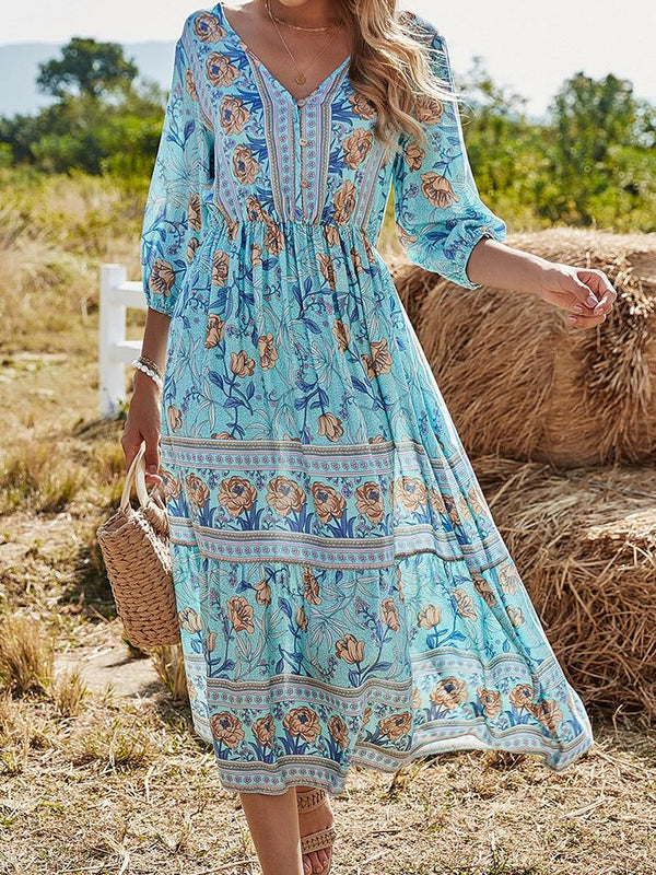 V-Neck High Waist Long Sleeve Bohemian Dress - Midi Dresses - INS | Online Fashion Free Shipping Clothing, Dresses, Tops, Shoes - 18/06/2021 - 30-40 - Category_Midi Dresses